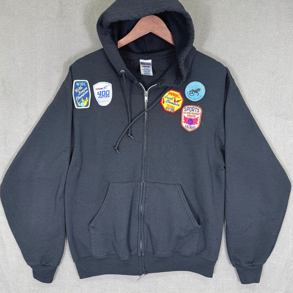 Vintage Hoodie Men M Black Jerzees Bowling Patches Retro Casual Outerwear 80s